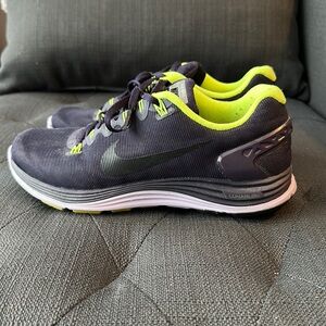Nike Lunarglide 5, size 7.5, reflective purple cheetah print, neon yellow